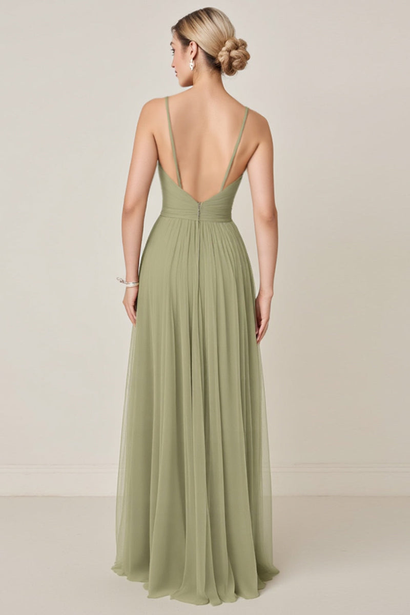 Load image into Gallery viewer, Sage Green A Line Chiffon Spaghetti Straps Long Bridesmaid Dress with Slit