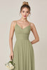Load image into Gallery viewer, Sage Green A Line Chiffon Spaghetti Straps Long Bridesmaid Dress with Slit