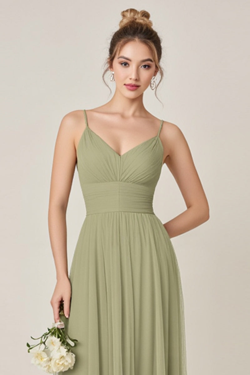 Load image into Gallery viewer, Sage Green A Line Chiffon Spaghetti Straps Long Bridesmaid Dress with Slit