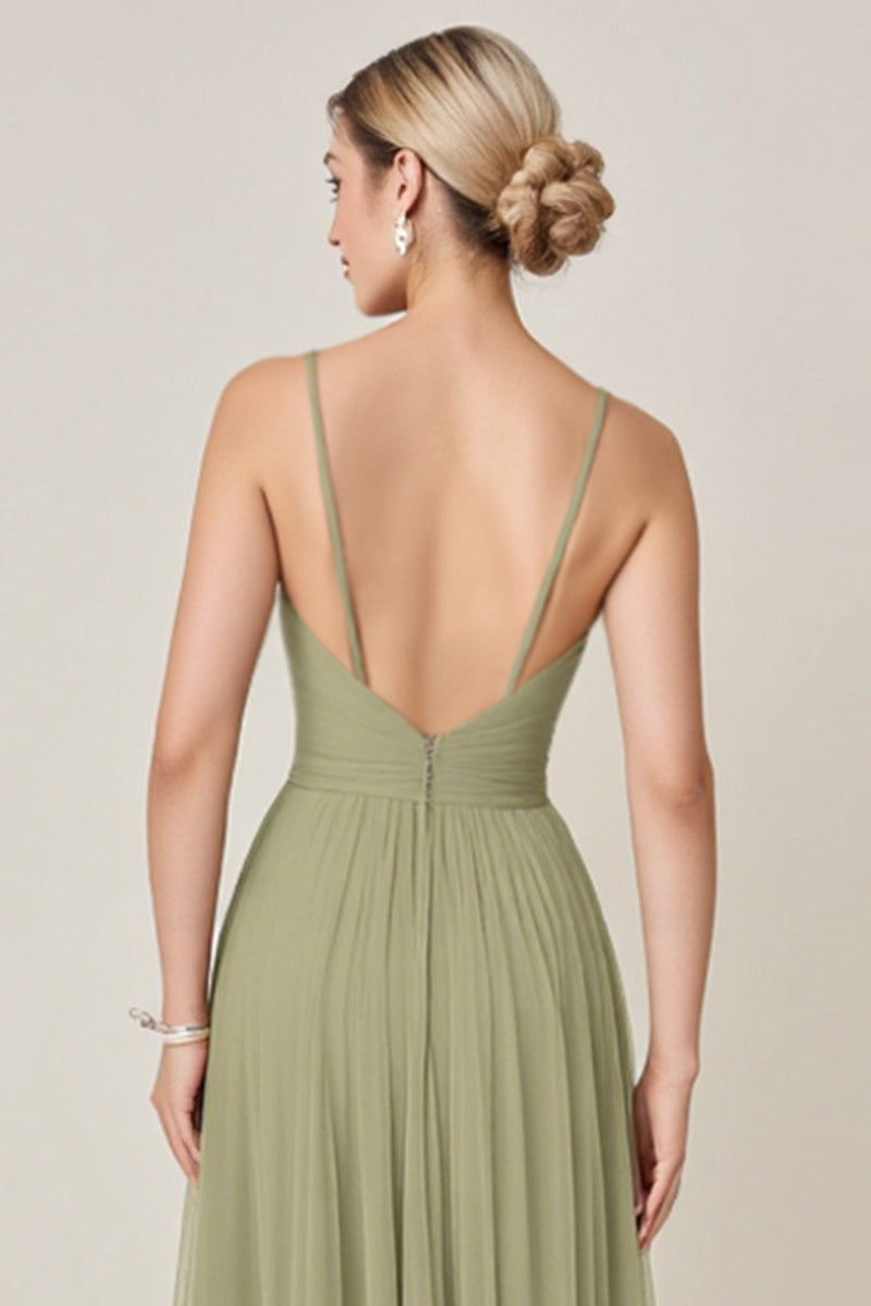 Load image into Gallery viewer, Sage Green A Line Chiffon Spaghetti Straps Long Bridesmaid Dress with Slit