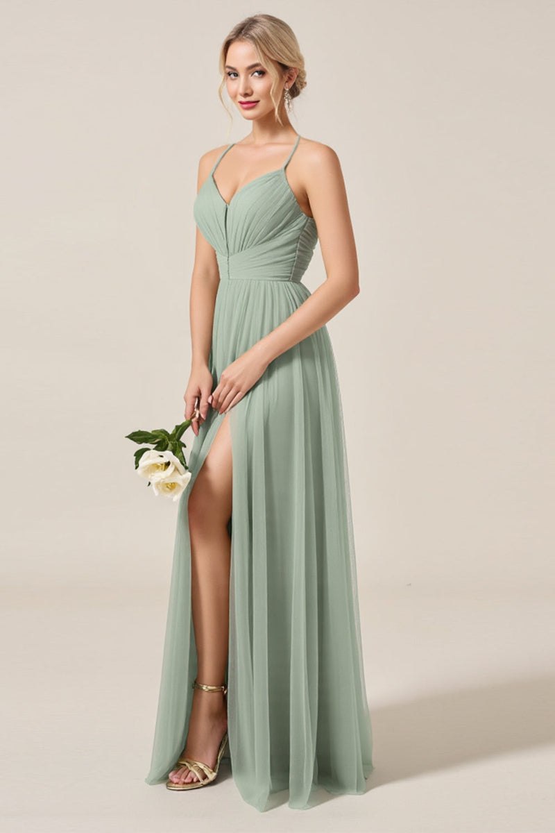 Load image into Gallery viewer, Matcha A-Line Spaghetti Straps Ruched Tulle Long Bridesmaid Dress with Slit