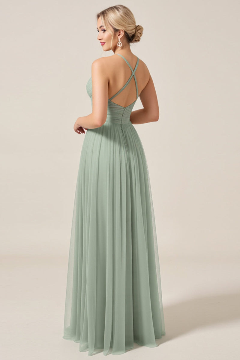Load image into Gallery viewer, Matcha A-Line Spaghetti Straps Ruched Tulle Long Bridesmaid Dress with Slit