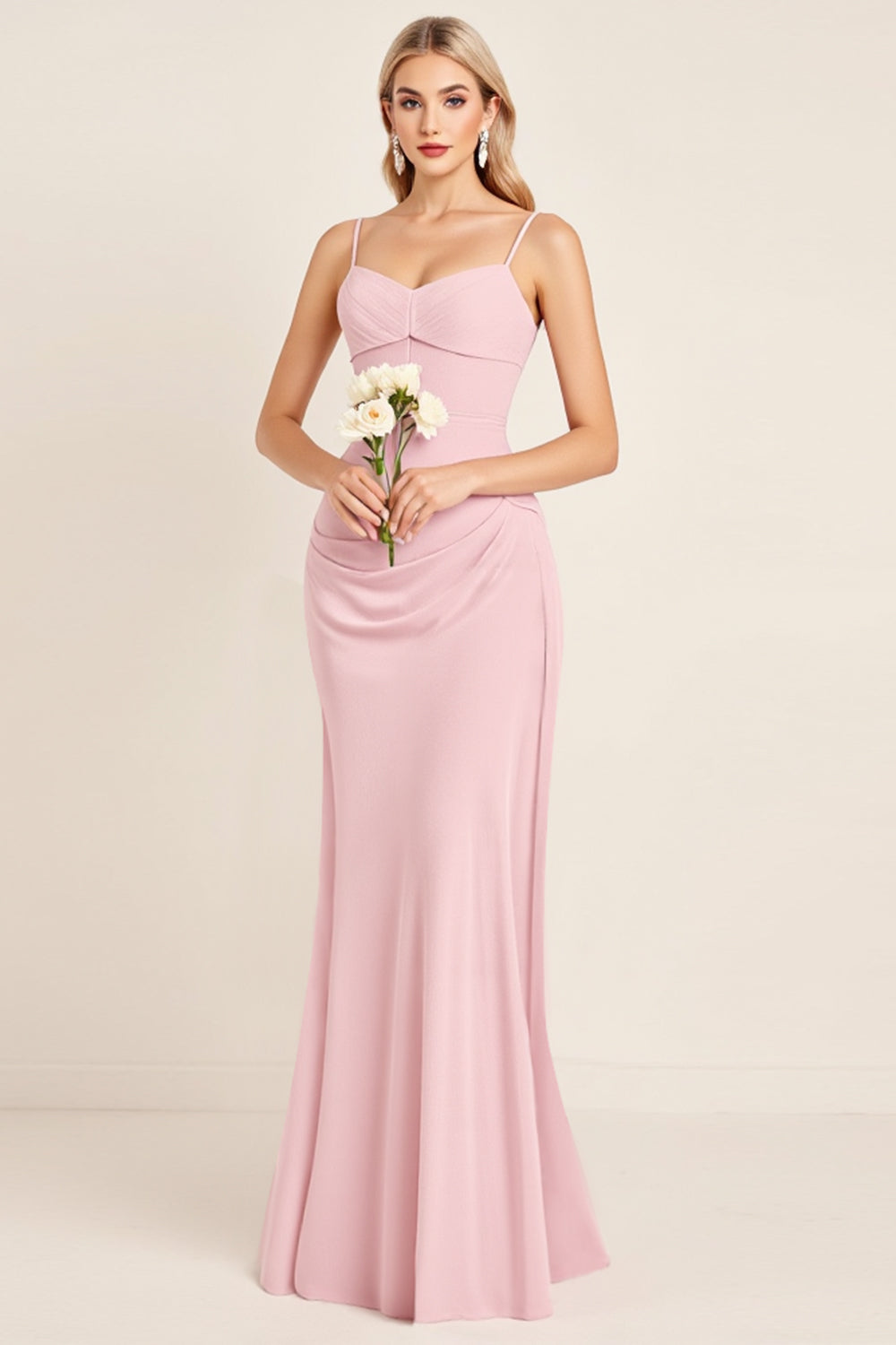 Candy Pink Mermaid Spaghetti Straps Ruched Satin Long Bridesmaid Dress
