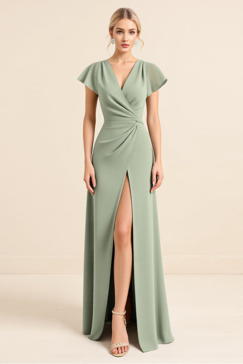Load image into Gallery viewer, Matcha Sheath V-Neck Ruffle Sleeves Long Bridesmaid Dress with Slit