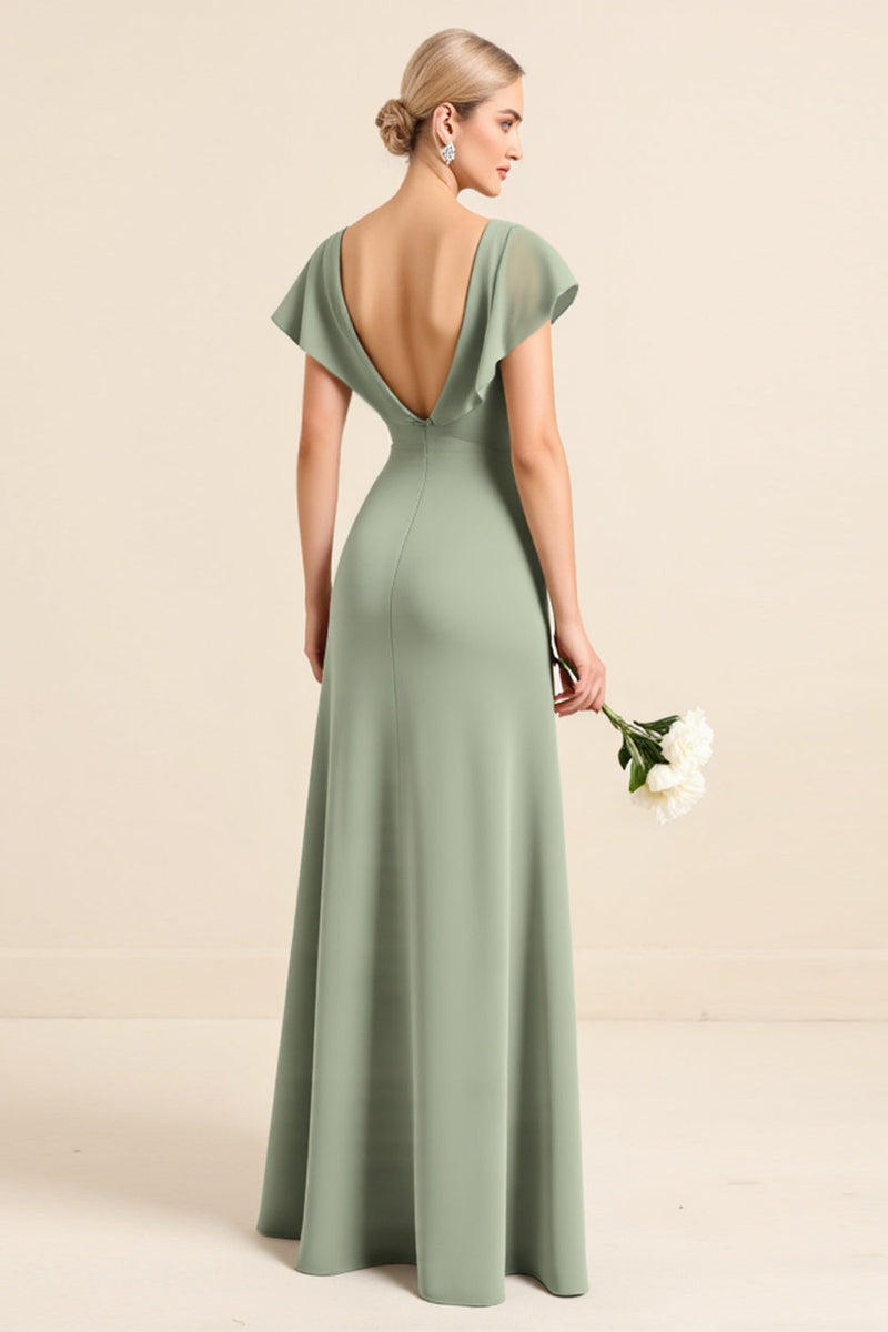 Load image into Gallery viewer, Matcha Sheath V-Neck Ruffle Sleeves Long Bridesmaid Dress with Slit