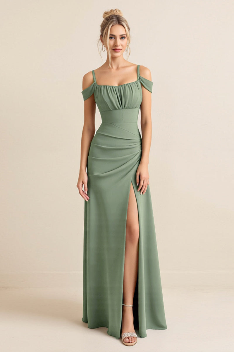 Load image into Gallery viewer, Eucalyptus Sheath Cold Shoulder Ruched Long Bridesmaid Dress with Slit