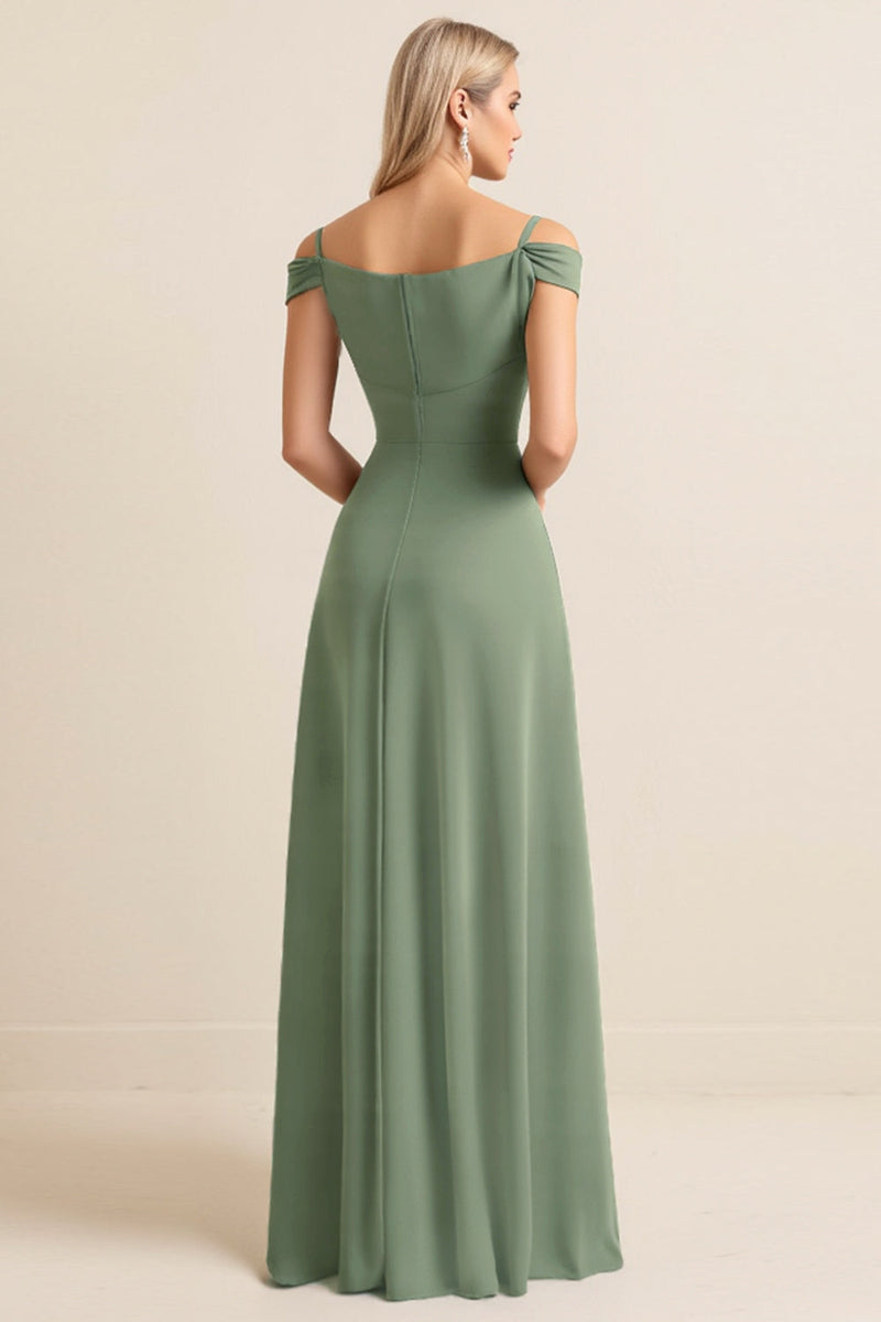 Load image into Gallery viewer, Eucalyptus Sheath Cold Shoulder Ruched Long Bridesmaid Dress with Slit