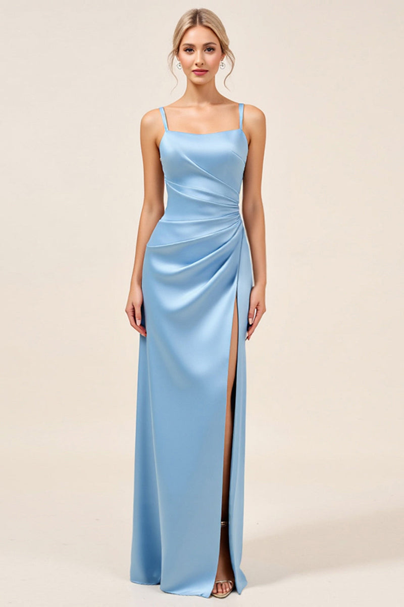 Load image into Gallery viewer, Dusty Blue Sheath Spaghetti Straps Ruched Long Bridesmaid Dress with Slit