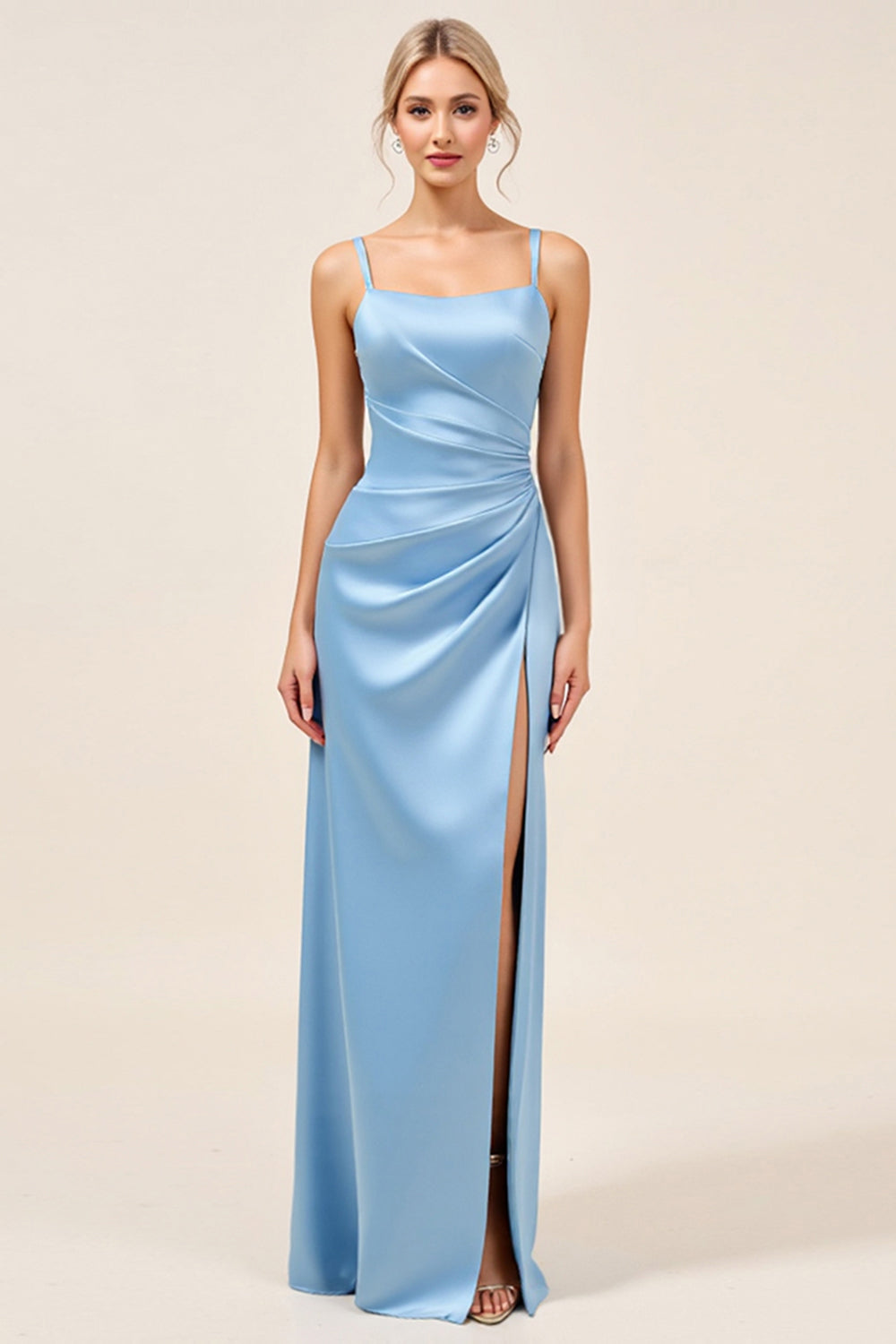 Dusty Blue Sheath Spaghetti Straps Ruched Long Bridesmaid Dress with Slit
