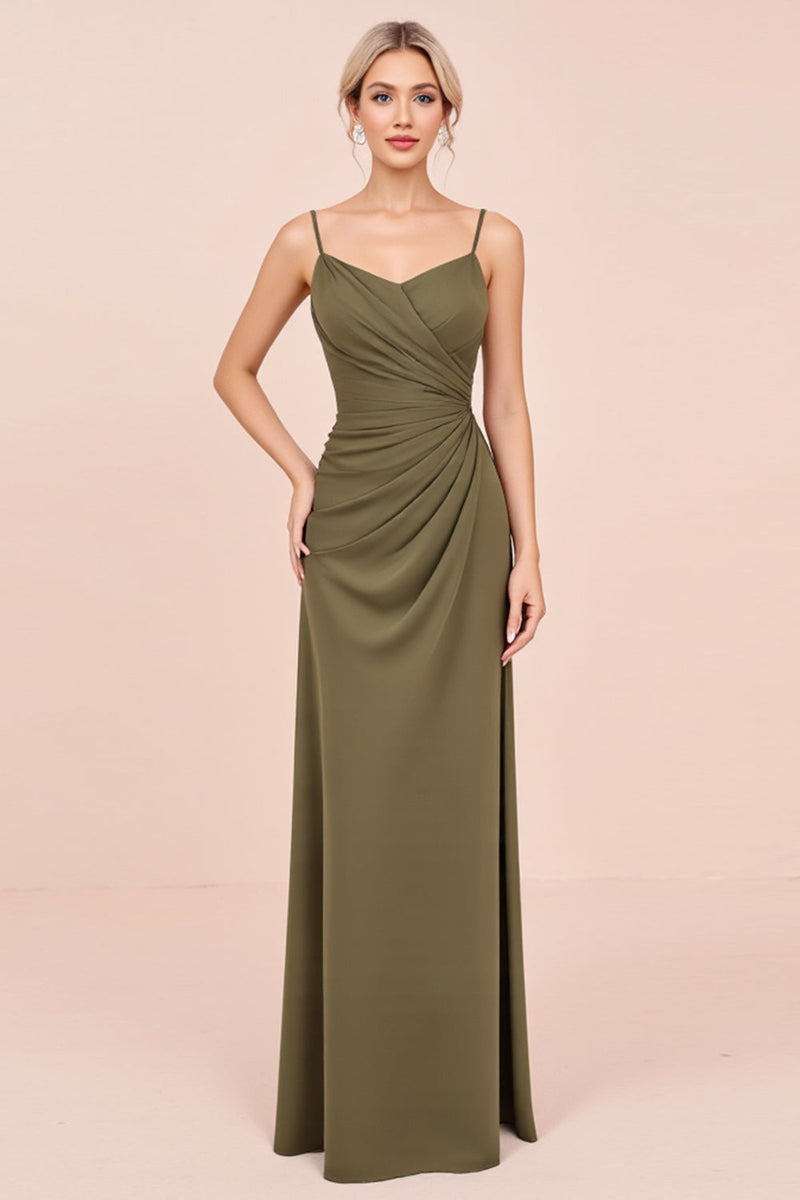 Load image into Gallery viewer, Olive Spaghetti Straps Sheath Ruched Long Bridesmaid Dress