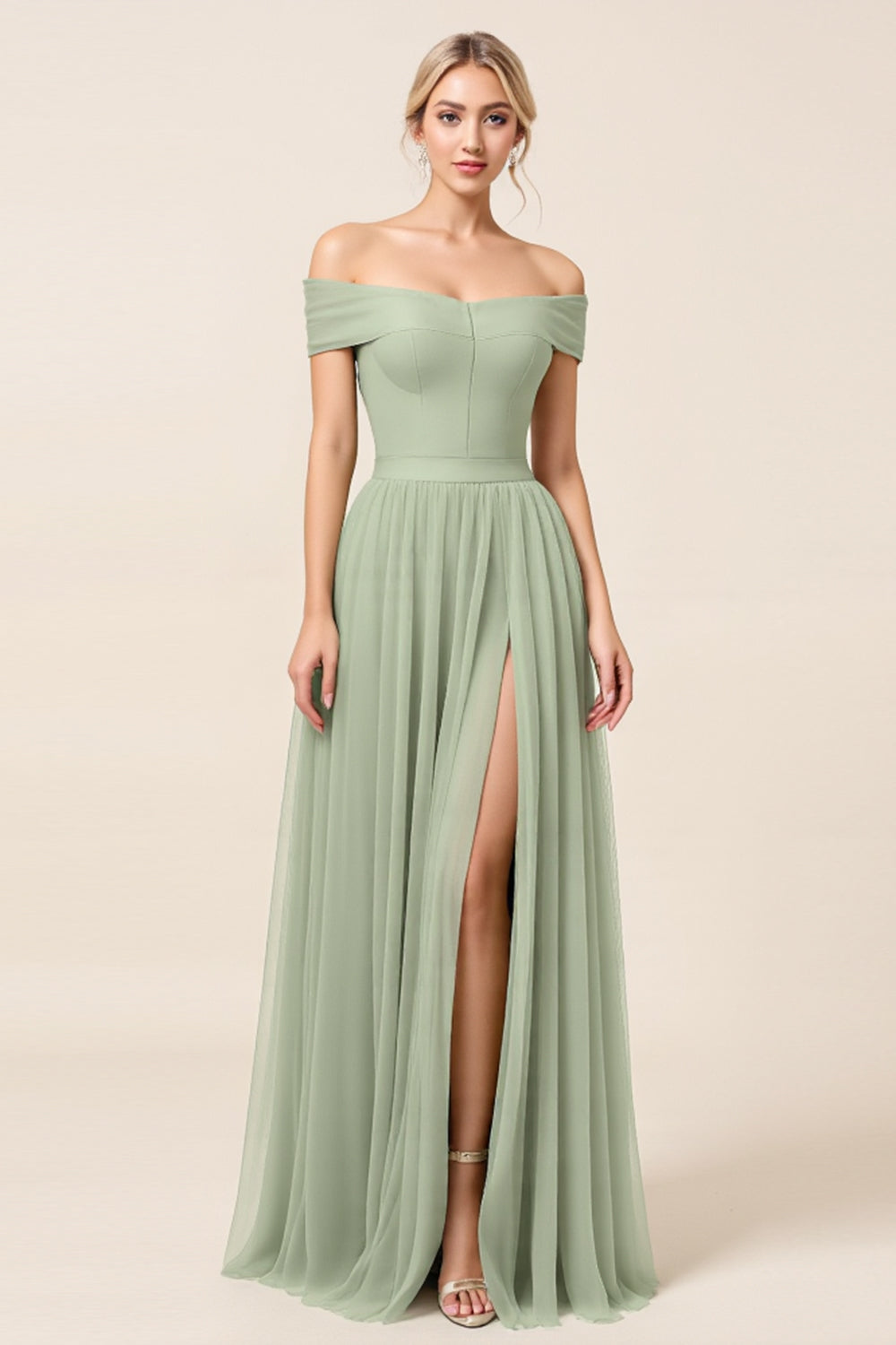 Off The Shoulder A Line Matcha Tulle Long Bridesmaid Dress with Slit