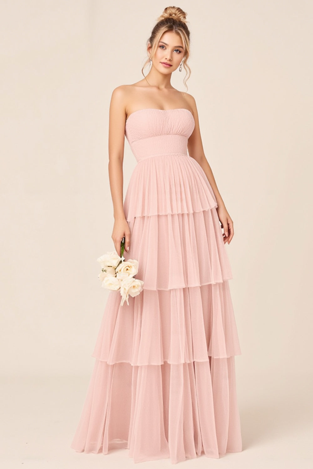 Candy Pink Strapless Tiered Ruffled Long Bridesmaid Dress