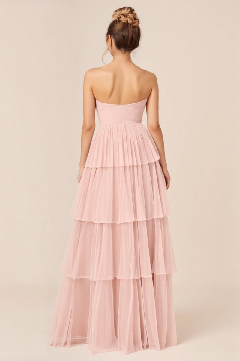 Load image into Gallery viewer, Candy Pink Strapless Tiered Ruffled Long Bridesmaid Dress