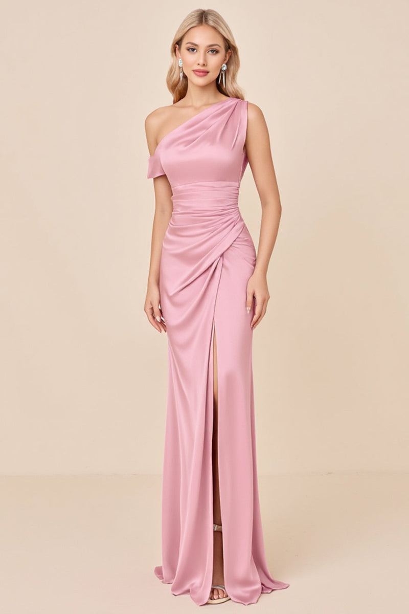 Load image into Gallery viewer, One Shoulder Satin Blush Pink Long Bridesmaid Dress with Slit