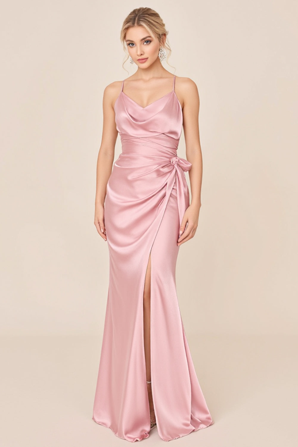 Blush Pink Satin Spaghetti Straps Long Brideamaid Dress with Slit