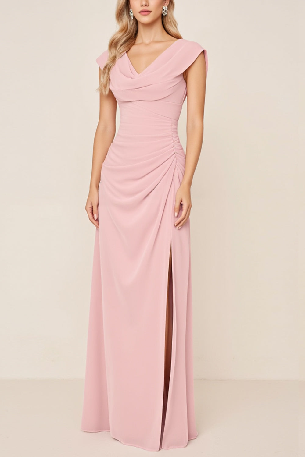 Candy Pink Chiffon Cowl Neck Long Bridesmaid Dress with Slit