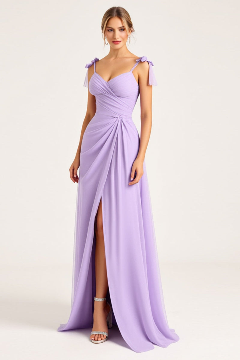 Load image into Gallery viewer, Lilac Ruched Chiffon A Line Long Bridesmaid Dress with Slit