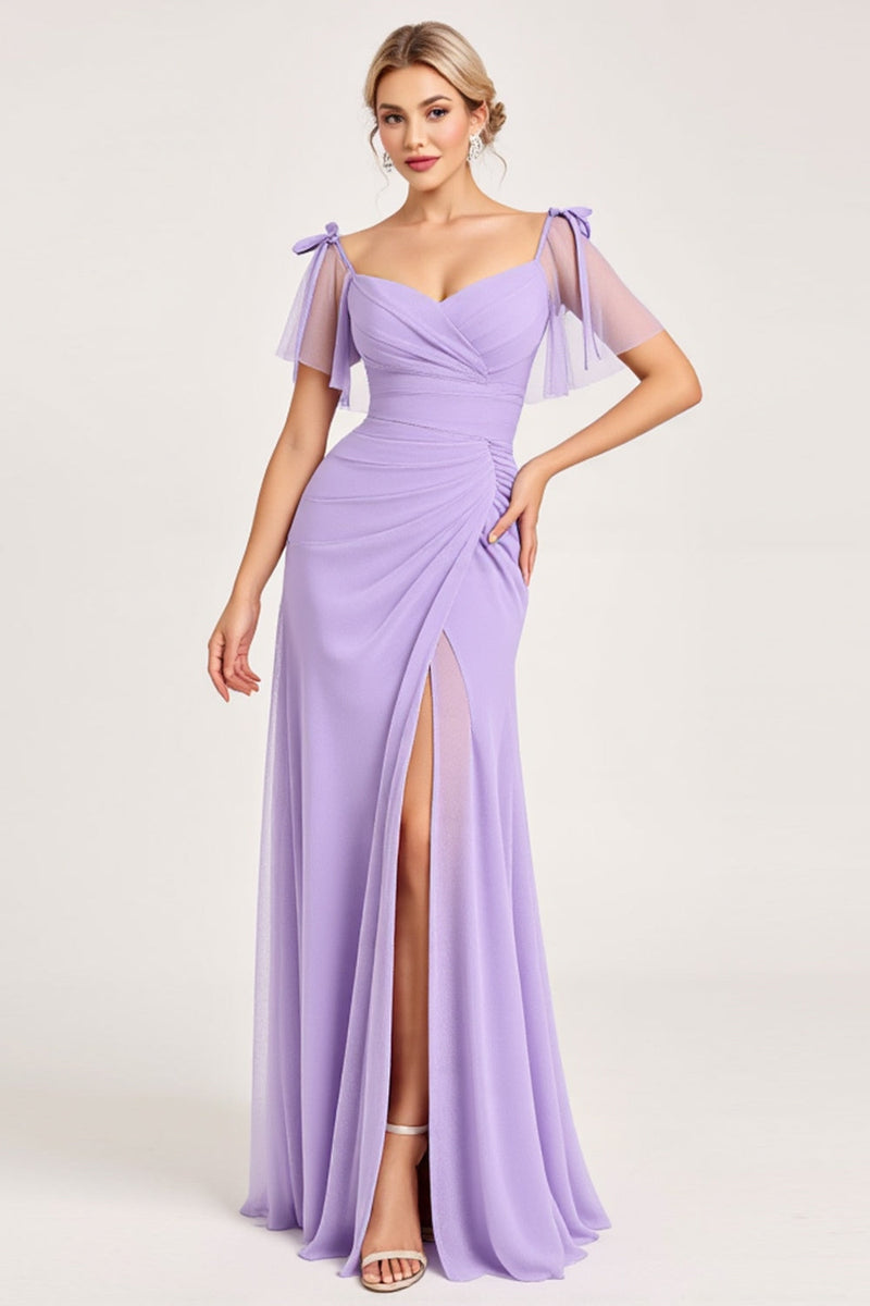 Load image into Gallery viewer, Lilac A Line Long Chiffon Bridesmaid Dress with Slit