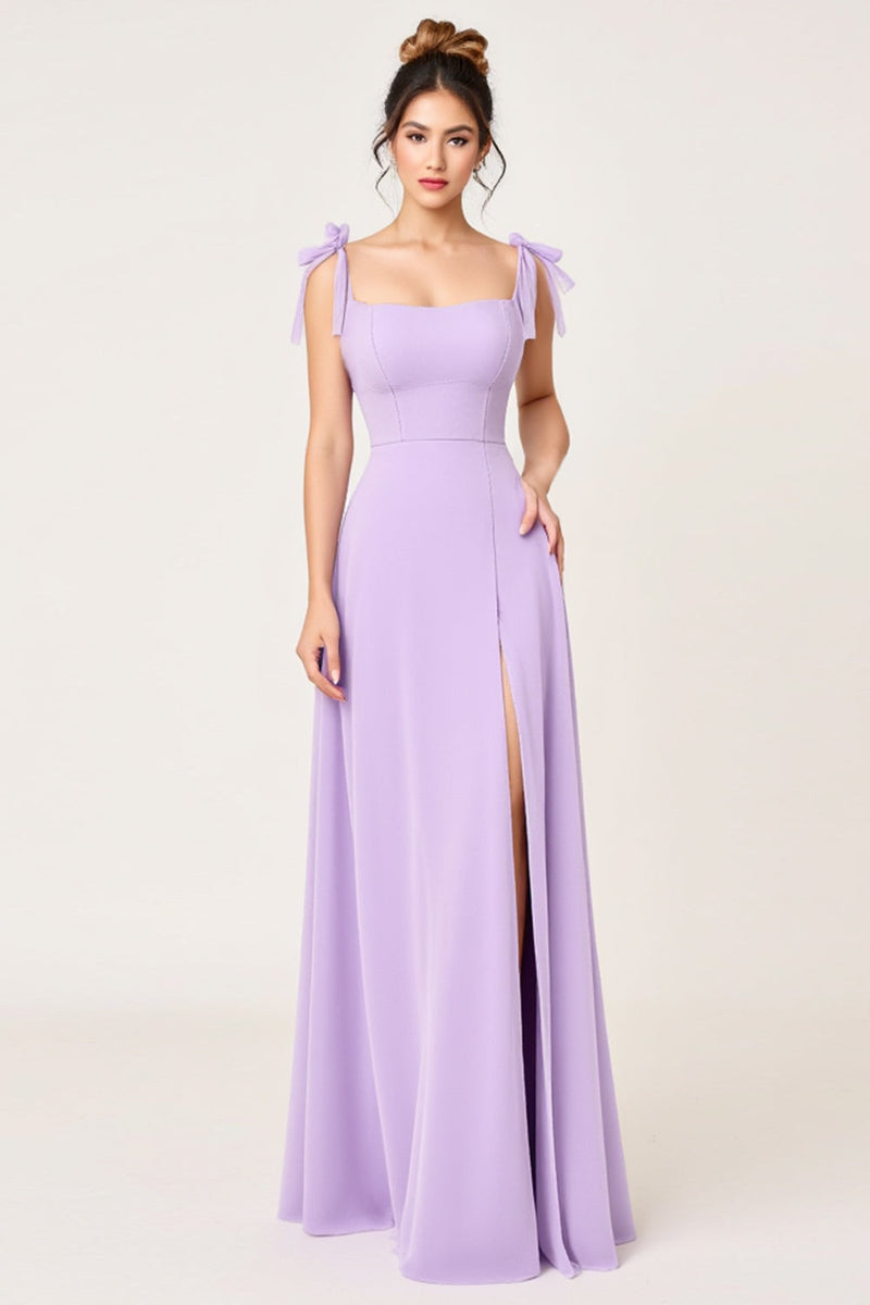 Load image into Gallery viewer, Lilac A Line Chiffon Long Bridesmaid Dress with Slit