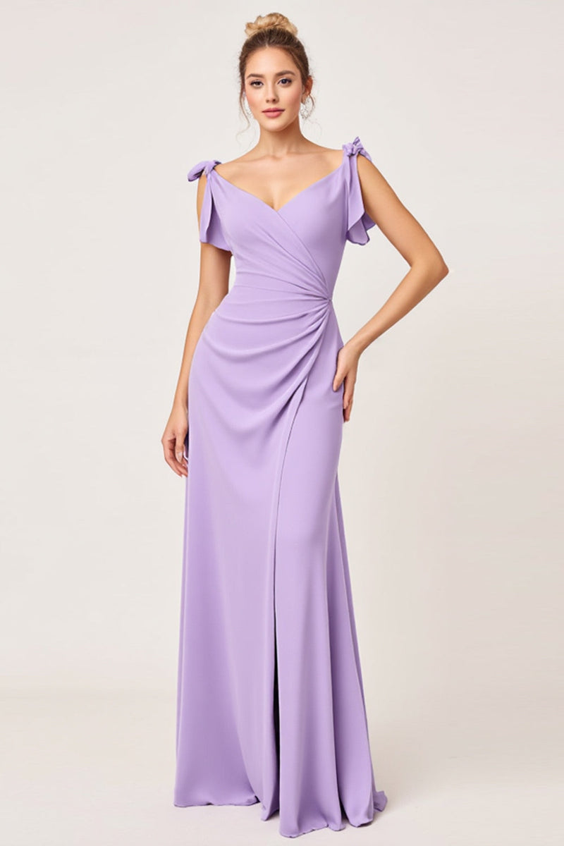 Load image into Gallery viewer, Lilac Chiffon Ruched V-Neck Long Bridesmaid Dress with Slit