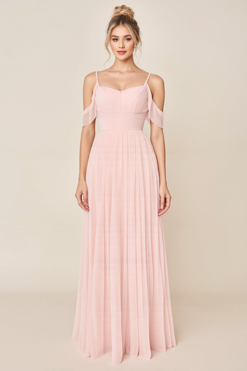 Load image into Gallery viewer, Blushing Pink A Line Cold Shoulder Tulle Long Bridesmaid Dress