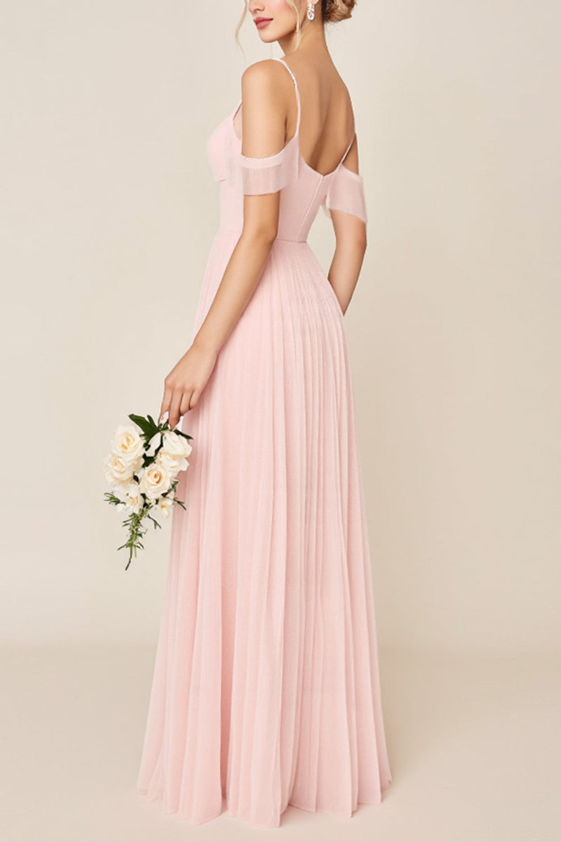 Load image into Gallery viewer, Blushing Pink A Line Cold Shoulder Tulle Long Bridesmaid Dress