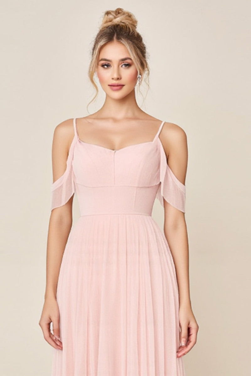 Load image into Gallery viewer, Blushing Pink A Line Cold Shoulder Tulle Long Bridesmaid Dress