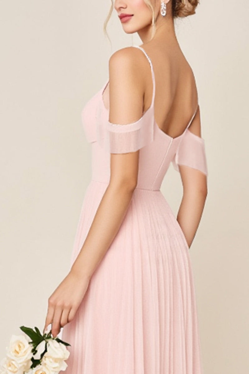 Load image into Gallery viewer, Blushing Pink A Line Cold Shoulder Tulle Long Bridesmaid Dress