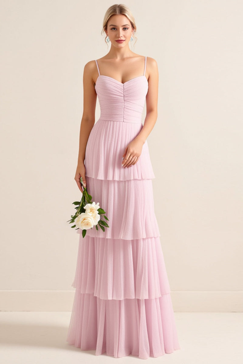 Load image into Gallery viewer, Candy Pink Spaghetti Straps A Line Ruffled Long Bridesmaid Dress