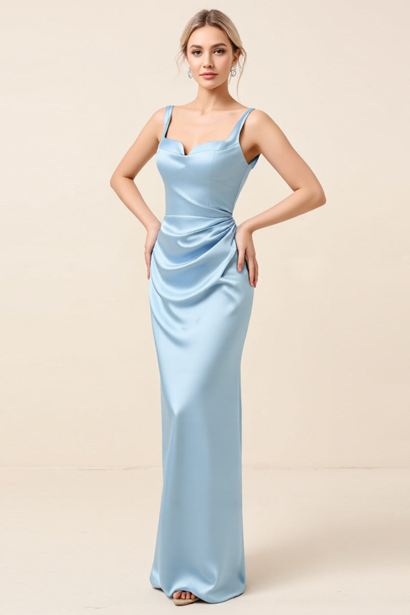 Load image into Gallery viewer, Sky Blue Satin Ruched Sheath Long Bridesmaid Dress