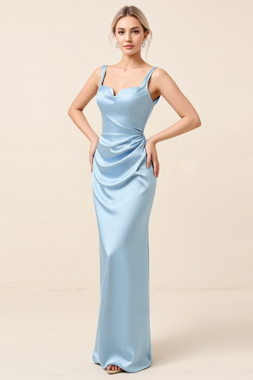 Sky Blue Satin Ruched Sheath Long Bridesmaid Dress