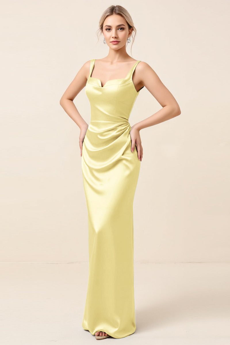 Load image into Gallery viewer, Sky Blue Satin Ruched Sheath Long Bridesmaid Dress