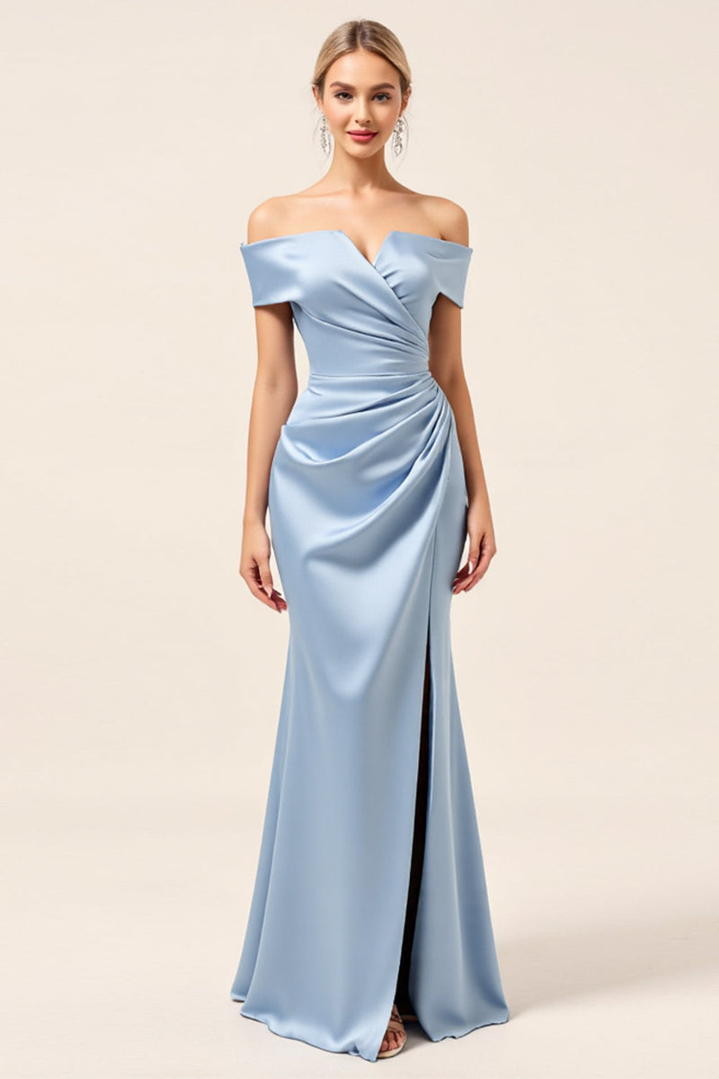 Load image into Gallery viewer, Sky Blue Off The Shoulder Satin Ruched Long Bridesmaid Dress with Slit