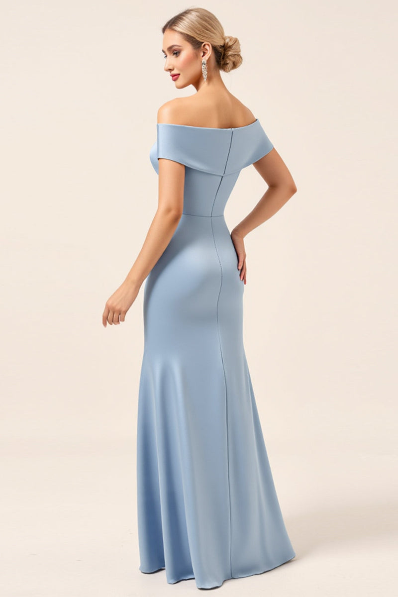 Load image into Gallery viewer, Sky Blue Off The Shoulder Satin Ruched Long Bridesmaid Dress with Slit