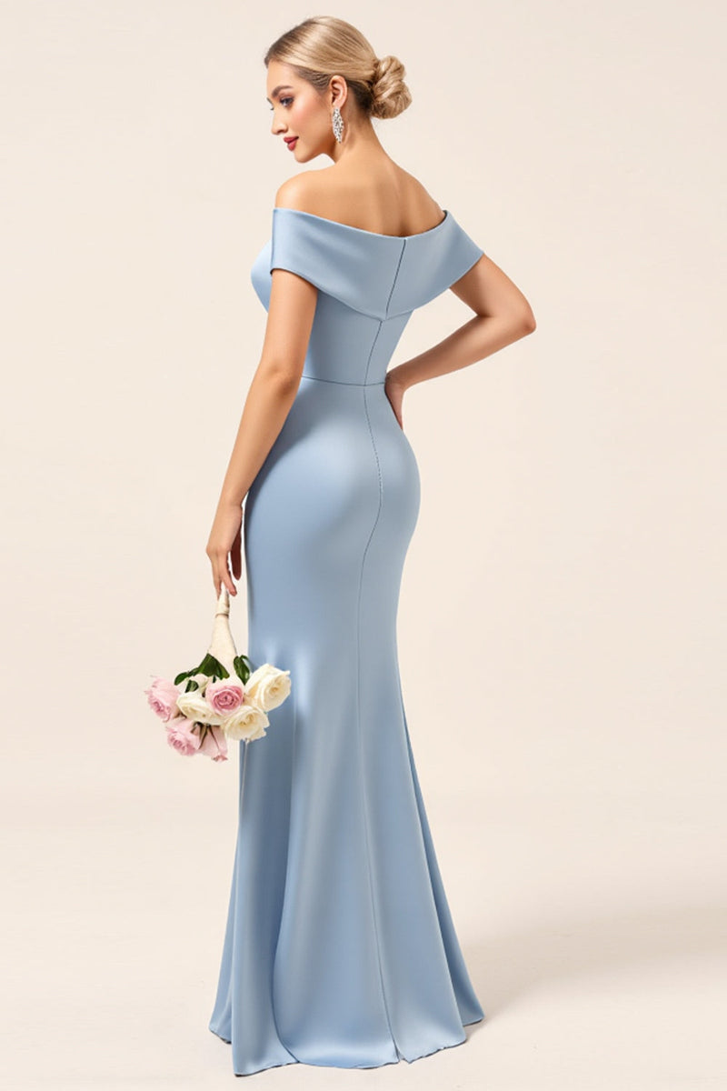Load image into Gallery viewer, Sky Blue Off The Shoulder Satin Ruched Long Bridesmaid Dress with Slit