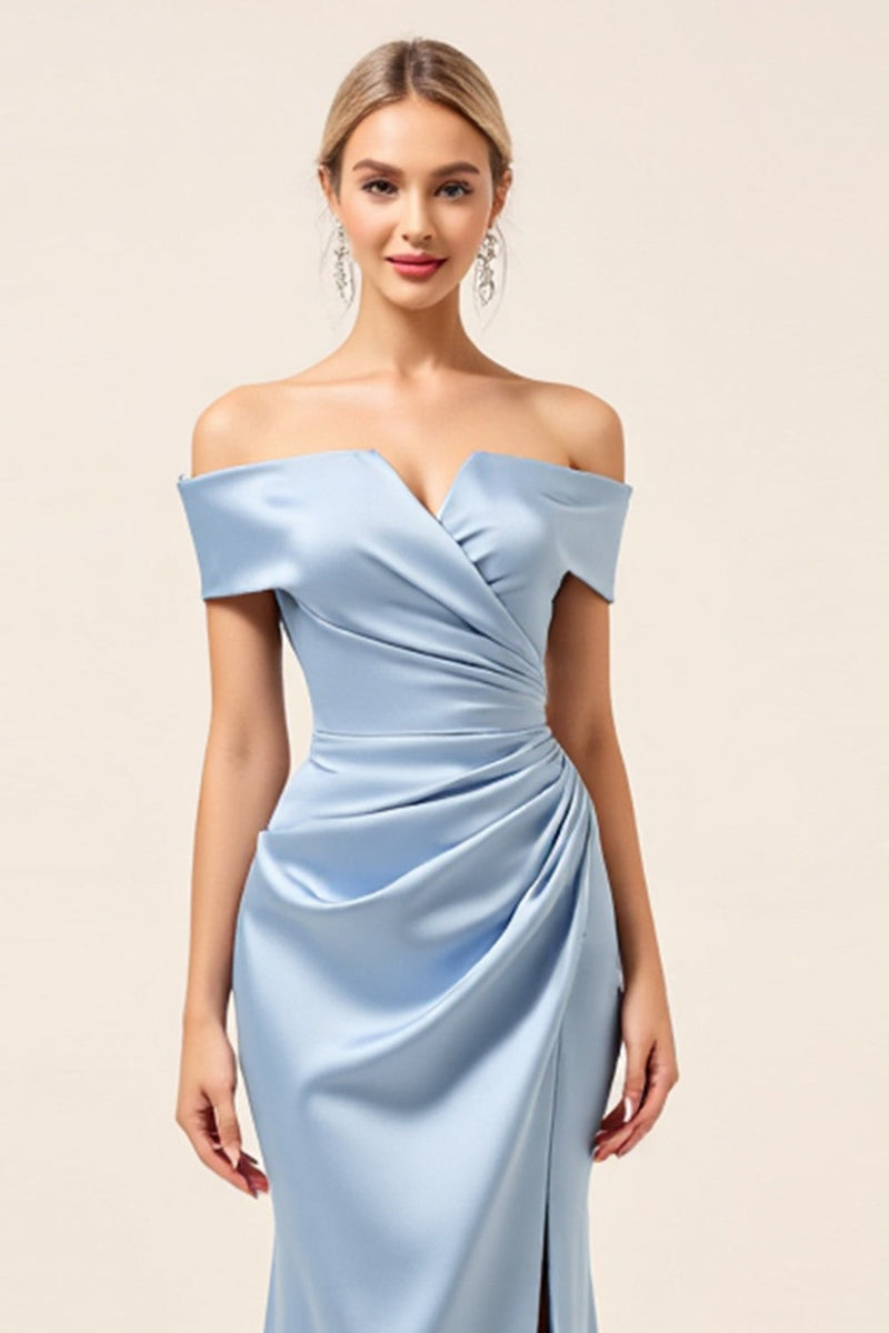 Load image into Gallery viewer, Sky Blue Off The Shoulder Satin Ruched Long Bridesmaid Dress with Slit