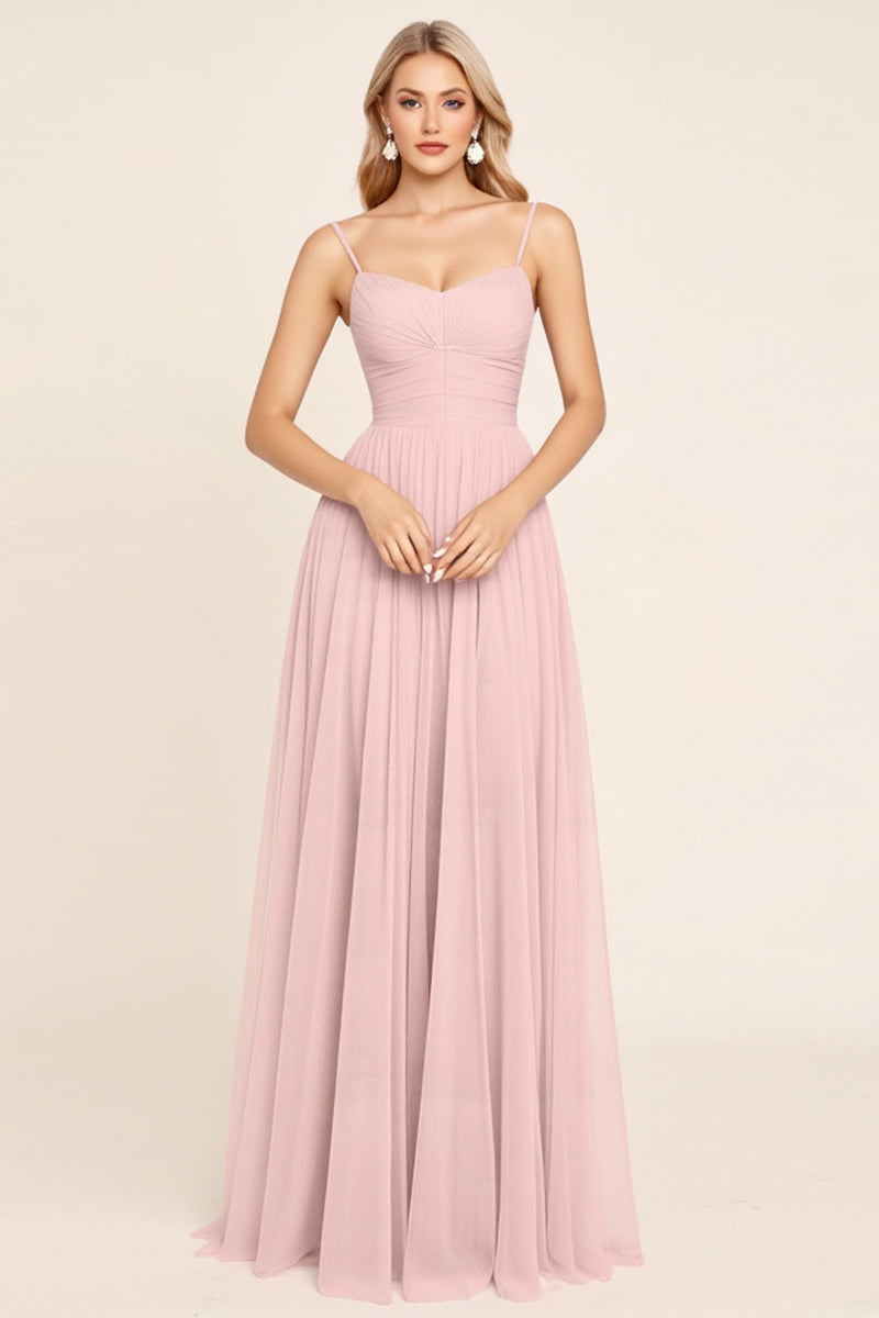 Load image into Gallery viewer, Candy Pink Chiffon A Line Spaghetti Straps Long Bridesmaid Dress