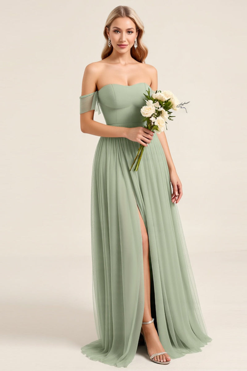 Load image into Gallery viewer, Matcha Chiffon A Line Off The Shoulder Long Bridesmaid Dress with Slit
