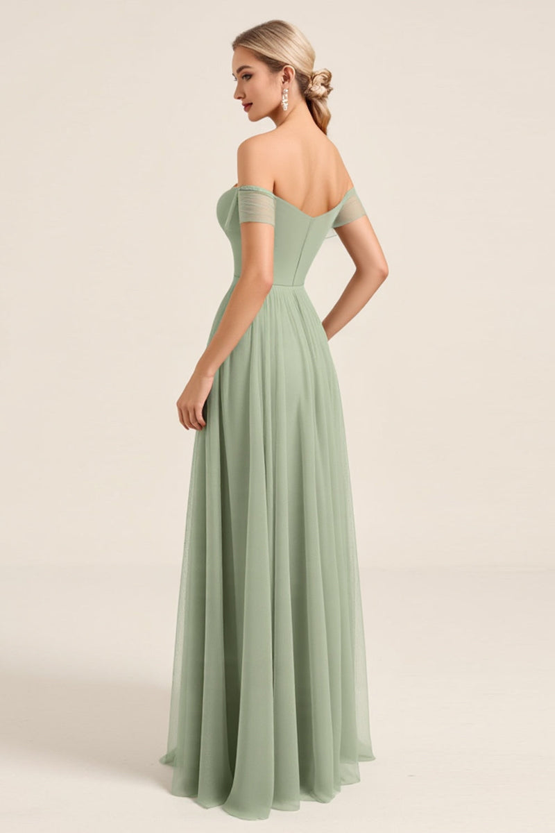 Load image into Gallery viewer, Matcha Chiffon A Line Off The Shoulder Long Bridesmaid Dress with Slit
