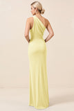 Matcha One Shoulder Chiffon Ruched Long Bridesmaid Dress with Slit