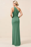 Matcha One Shoulder Chiffon Ruched Long Bridesmaid Dress with Slit