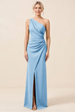Matcha One Shoulder Chiffon Ruched Long Bridesmaid Dress with Slit