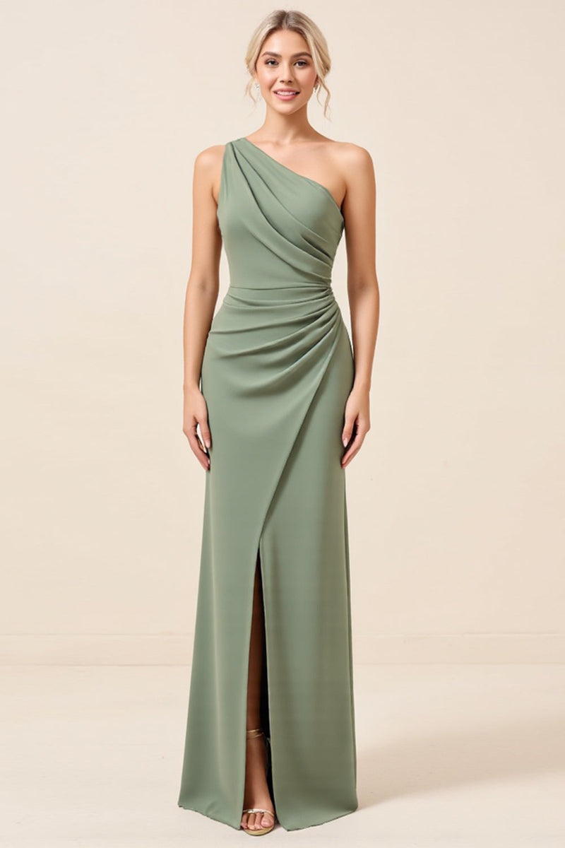 Load image into Gallery viewer, Matcha One Shoulder Chiffon Ruched Long Bridesmaid Dress with Slit