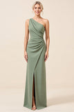 Matcha One Shoulder Chiffon Ruched Long Bridesmaid Dress with Slit