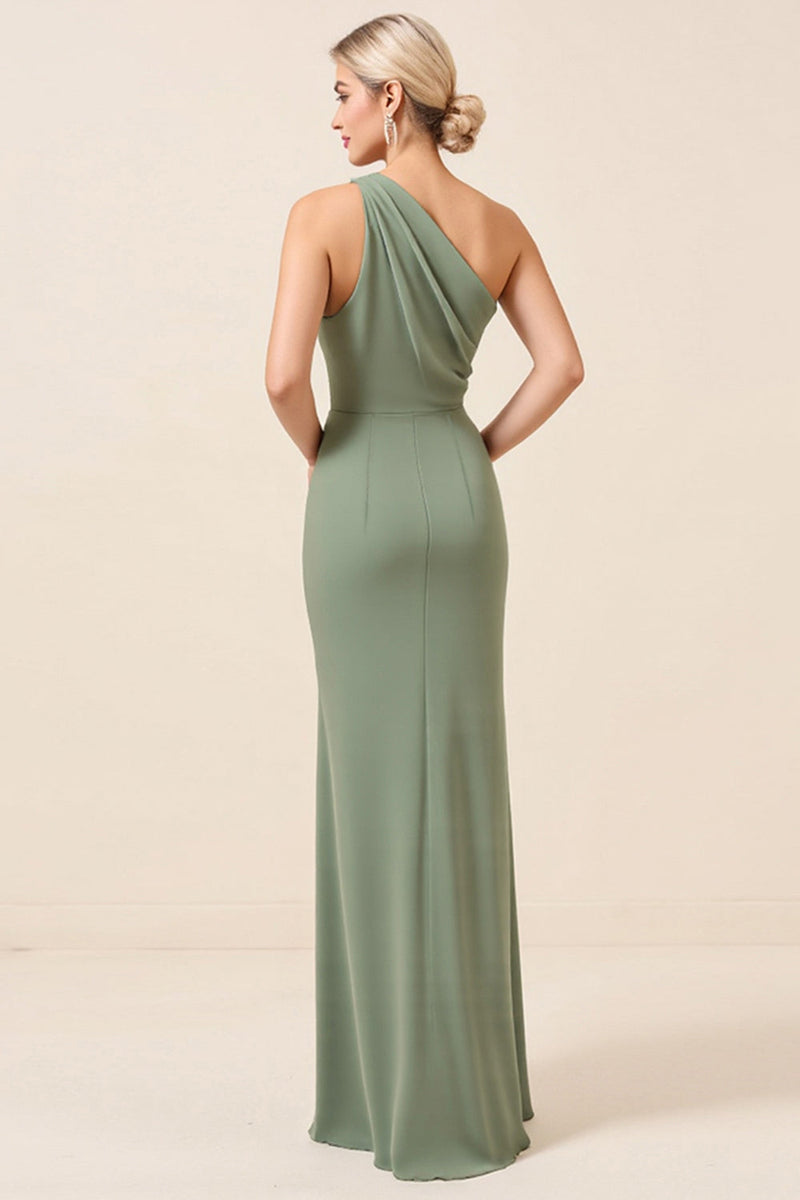 Load image into Gallery viewer, Matcha One Shoulder Chiffon Ruched Long Bridesmaid Dress with Slit
