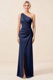 Matcha One Shoulder Chiffon Ruched Long Bridesmaid Dress with Slit
