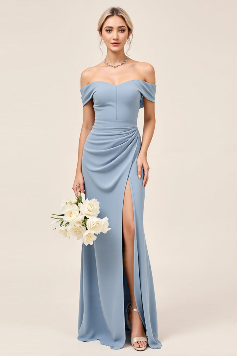 Load image into Gallery viewer, Chiffon Dusty Blue Ruched Off The Shoulder Long Bridesmaid Dress with Slit