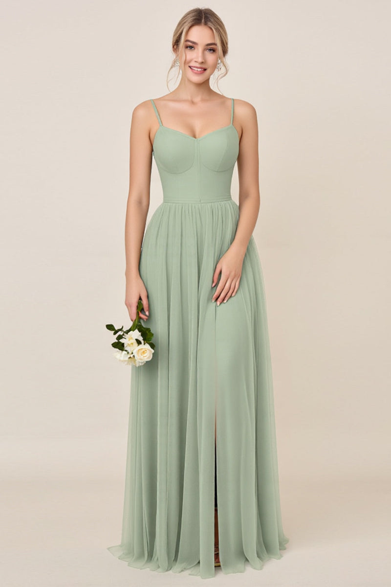 Load image into Gallery viewer, A Line Chiffon Matcha Long Bridesmaid Dress