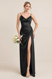 Olive Sheath Spaghetti Straps Satin Ruched Cowl Neck Long Bridesmaid Dress with Slit