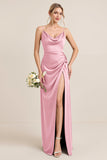 Olive Sheath Spaghetti Straps Satin Ruched Cowl Neck Long Bridesmaid Dress with Slit